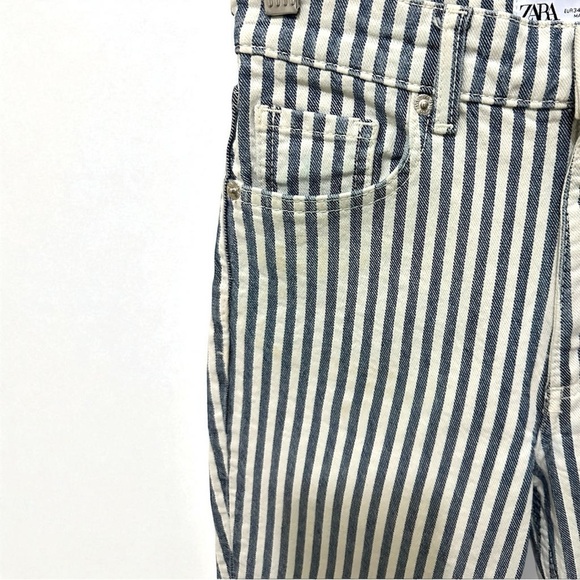 287 ZARA | EUC Serbia Blue Off - White Striped High Rise Flare Jeans (Size 2) - Picture 7 of 13